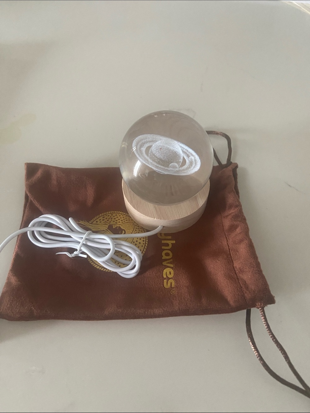Wood Base Glass Saturn Orb Night Light